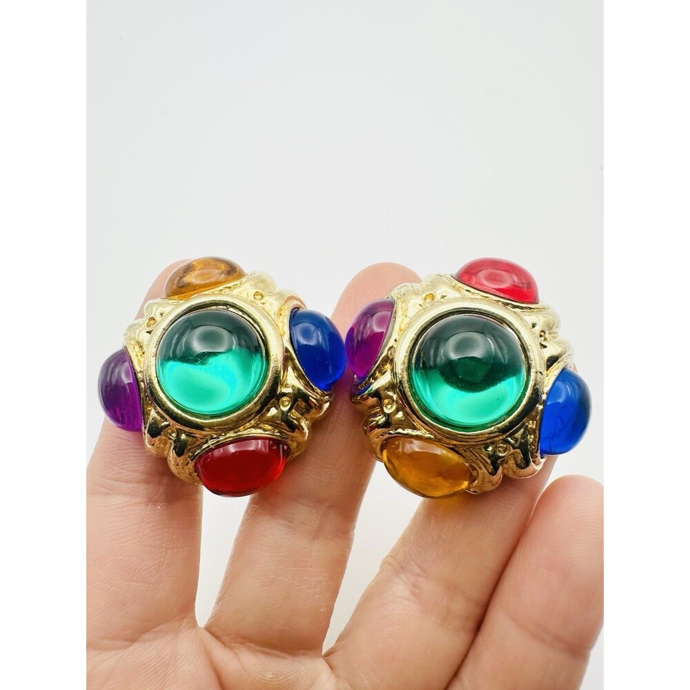 Vtg 60's Gold Tone Rhinestone Cabochon Earrings Clip On